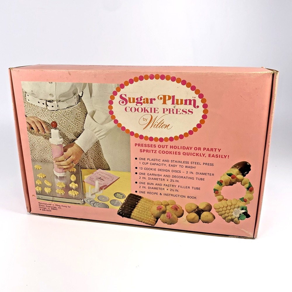 Vintage Wilton Sugar Plum Cookie Press Pink White 12 Disc 3 Cones NEW-UNUSED